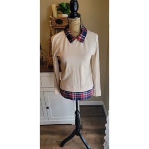 J.Crew Women's Woven-Collar Plaid Sweater AF729 Preppy Size Small
